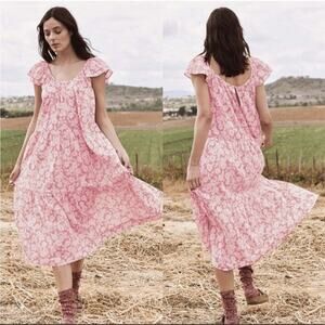 The GREAT The Whipstitched Plumeria Dress •M (2)•Tiered Floral Cotton Midi Pink